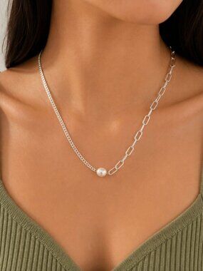 925 Sterling Silver Pearl Paperclip Necklace Asymmetric Link Chain Necklace